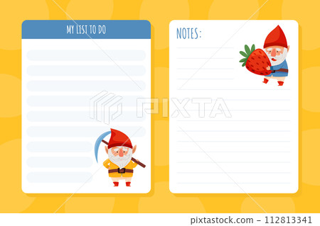Note Card with Fantastic Gnome Character in Red Pointed Hat Vector Set 112813341
