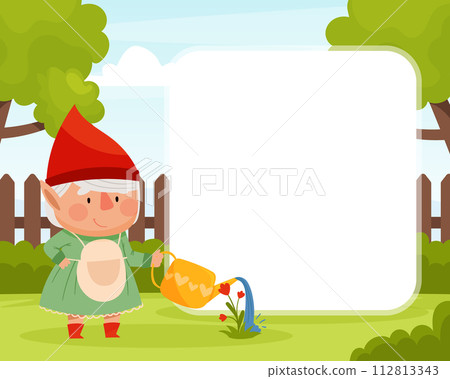 Note Card with Fantastic Gnome Character in Red Pointed Hat Vector Set 112813343