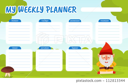 Weekly Planner with Fantastic Gnome Character in Red Pointed Hat Vector Set 112813344