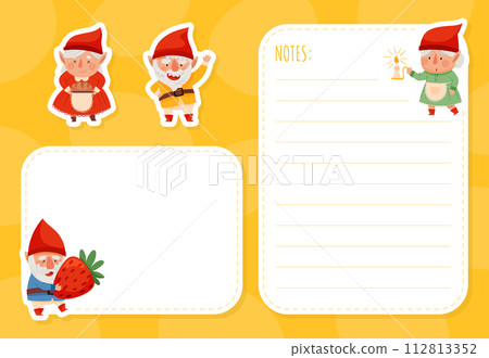 Note Card with Fantastic Gnome Character in Red Pointed Hat Vector Set 112813352