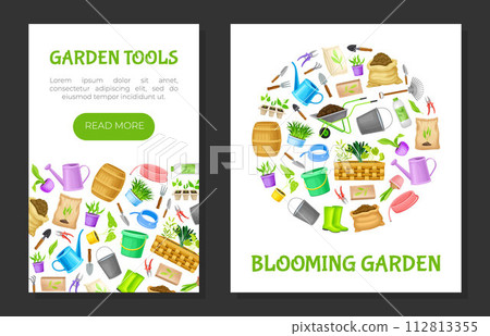 Garden Tools Banner Design with Handy Instrument Vector Template Garden Tools Banner Design with Handy Instrument Vector Template 112813355