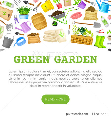 Garden Tools Banner Design with Handy Instrument Vector Template 112813362