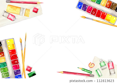watercolor paint, brushes, pencil, sharpener, sketchbook drawn in watercolors 112813623
