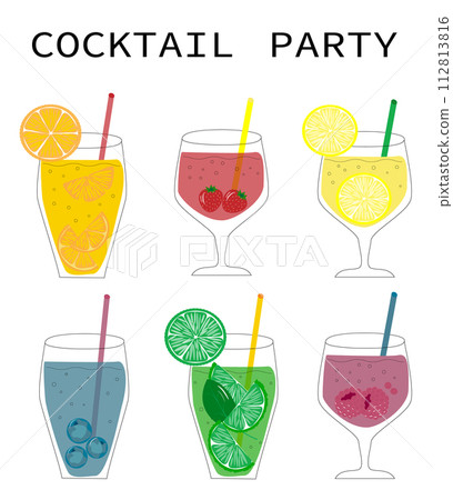 Set of cocktails. Illustration of fruit drinks in glasses. Banner with soft and alcoholic drinks, summer cocktails. 112813816