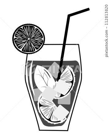 Set of cocktails. Illustration of fruit drinks in glasses. Banner with soft and alcoholic drinks, summer cocktails. 112813820