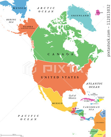 North America countries, political map. Continent bordered by South America, Caribbean Sea, and by Arctic, Atlantic and Pacific Ocean. Canada, United States, Mexico, etc. Multi colored illustration. North America countries, political map. Continent bordered by South America, Caribbean Sea, and by Arctic, Atlantic and Pacific Ocean. Canada, United States, Mexico, etc. Multi colored illustration. 112813832