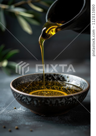 Bottle pouring virgin olive oil in a bowl on gray stone 112813860