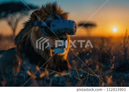 Lion wearing VR, African safari vacation, front view, dusk lighting, deep contrast colors , Prime Lenses 112813901