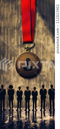 Medal moment for employee, hard work and skill recognition, proud spotlight, admiring peers , ultra HD 112813902