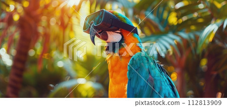 Parrot with VR glasses, tropical vacation simulation, overtheshoulder view, vibrant palette , Prime Lenses 112813909
