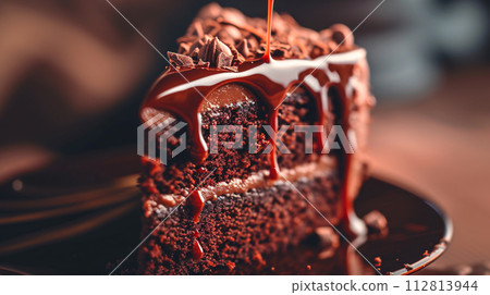 a mouthwatering close-up shot of a slice of freshly baked cake dripping with decadent jam ganache 112813944