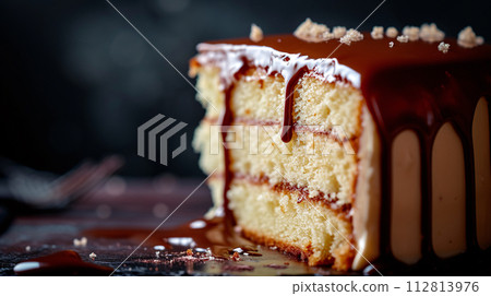 a mouthwatering close-up shot of a slice of freshly baked cake dripping with decadent jam ganache 112813976