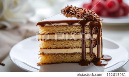 a mouthwatering close-up shot of a slice of freshly baked cake dripping with decadent jam ganache 112813981