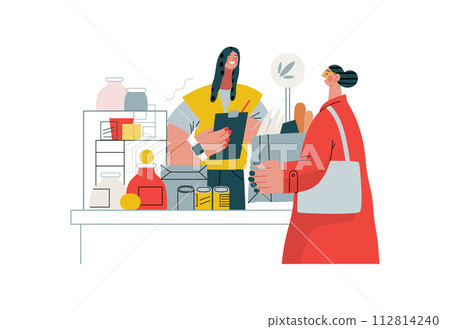 Mutual Support: Bringing groceries to food bank -modern flat vector concept illustration of people donating food to food pantry A metaphor of voluntary, collaborative exchanges of resource, services 112814240