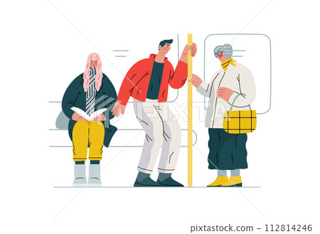 Mutual Support Giving up seat in public transport -modern flat vector concept illustration of man offering his seat to elderly woman on bus A metaphor of voluntary, collaborative exchanges of services Mutual Support Giving up seat in public transport -modern flat vector concept illustration of man offering his seat to elderly woman on bus A metaphor of voluntary, collaborative exchanges of services 112814246
