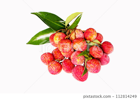 pile or bunch of Juicy Lychee with green leaves isolated on white background. Has red shell. Fruit that has delicious, sweet aroma. Peel has antioxidant properties. Can be processed into canned fruit. 112814249