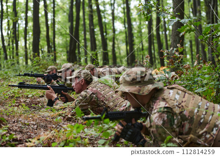 Elite soldiers stealthily maneuver through the dense forest, camouflaged in specialized gear, as they embark on a covert and strategic military mission 112814259