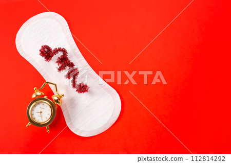Alarm clock and feminine hygiene pad on red background. First menstrual period concept, menstruation cycle period Alarm clock and feminine hygiene pad on red background. First menstrual period concept, menstruation cycle period 112814292