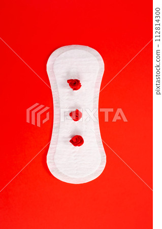Feminine hygiene pad with red flowers on pink background. First menstrual period concept, menstruation cycle period. Feminine hygiene pad with red flowers on pink background. First menstrual period concept, menstruation cycle period. 112814300
