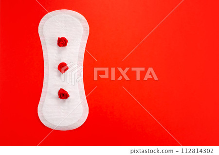 Feminine hygiene pad with red flowers on pink background. First menstrual period concept, menstruation cycle period. Feminine hygiene pad with red flowers on pink background. First menstrual period concept, menstruation cycle period. 112814302