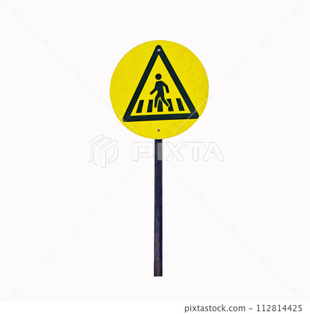 Yellow, white pedestrian crossing sign isolated on white background. Signage warning traffic rules of people walking along city street to avoid moving car. Road safety concept. Yellow, white pedestrian crossing sign isolated on white background. Signage warning traffic rules of people walking along city street to avoid moving car. Road safety concept. 112814425
