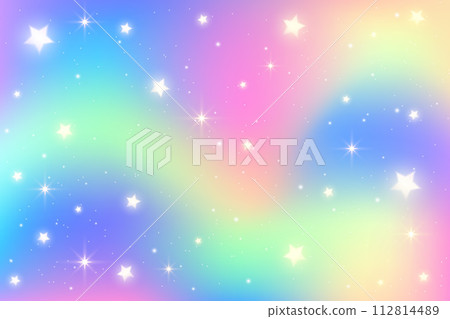 Rainbow unicorn background with glitter and stars. Pastel holographic sky with magic gradient texture. Vector iridescent wallpaper with sparkles Rainbow unicorn background with glitter and stars. Pastel holographic sky with magic gradient texture. Vector iridescent wallpaper with sparkles 112814489