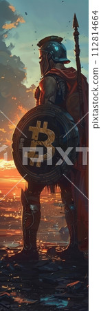 Bitcoin Spartan, shield displaying market graphs, dusk, strategic trade combat  , minimalist 112814664