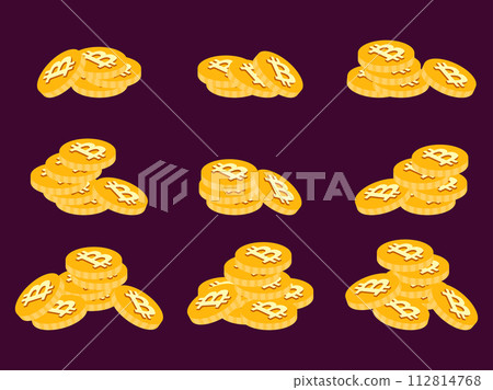 Bitcoin coin icon set. Various piles of scattered coins. Bitcoin cryptocurrency. 3D coins with a Bitcoin symbol. Stack of gold coins. Design wallpapers, banners and posters. Vector illustration Bitcoin coin icon set. Various piles of scattered coins. Bitcoin cryptocurrency. 3D coins with a Bitcoin symbol. Stack of gold coins. Design wallpapers, banners and posters. Vector illustration 112814768