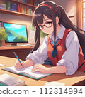 一個端莊美麗的女孩正在認真學習 112814994
