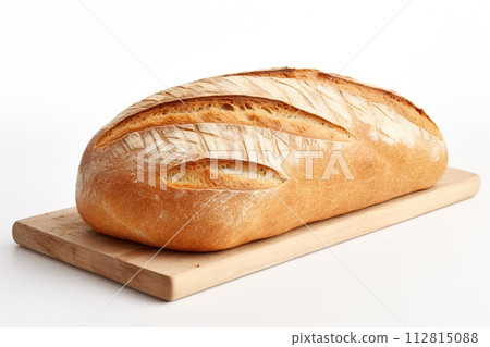 loaf of bread on a cutting board isolated on white background. 112815088