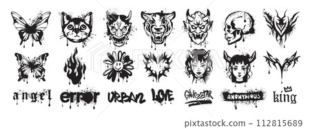 Graffiti spray paint icon set, vector urban street art, animal head, butterfly, flame, heart, girl.  112815689