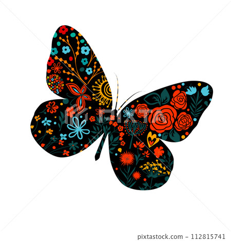 Butterfly of flowers. hand drawing. Not AI, Vector illustration 112815741