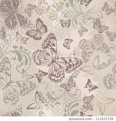 Vintage butterflies with seamless background. hand drawing. Not AI, Vector illustration 112815748