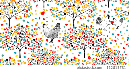 Chicken and trees. seamless background. Easter design. hand drawing. Not AI. Vector illustration 112815781