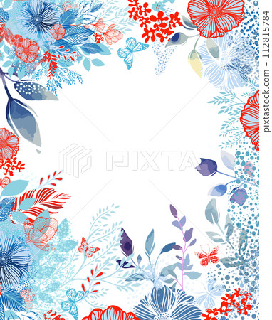 Frame with blue and red flowers. hand drawing. Not AI, Vector illustration 112815784