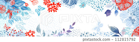 Horizontal frame with blue and red flowers. hand drawing. Not AI, Vector illustration 112815792