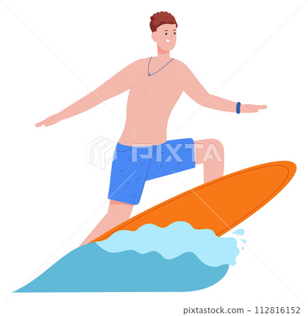 Young man ride surfing board. Summer joyful character Young man ride surfing board. Summer joyful character 112816152