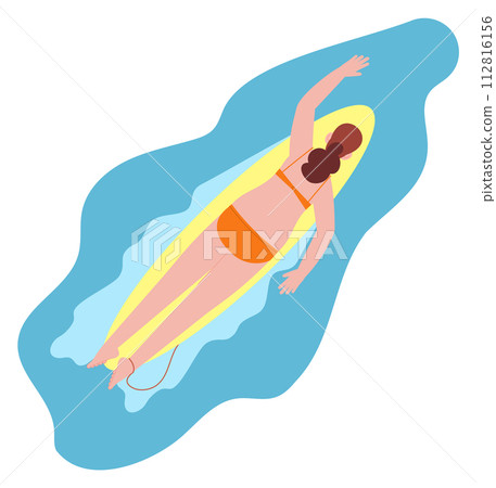 Woman swimming on wooden board. Summer leisure activity Woman swimming on wooden board. Summer leisure activity 112816156