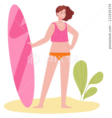 Young woman with surfing board. Active summer lifestyle Young woman with surfing board. Active summer lifestyle 112816159