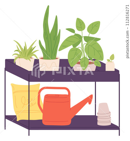Greenhouse shelves with plants and watering can 112816271