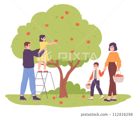 Family harvesting apples from fruit tree garden. Farm scene 112816298