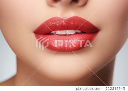Photorealistic female lips with red lipstick 112816345
