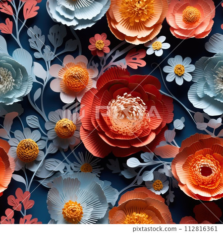 Seamless pattern with beautiful volumetric flowers. Papercut design 112816361