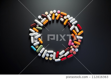 Colorful pills on black background. Medicine and health care concept. 112816363