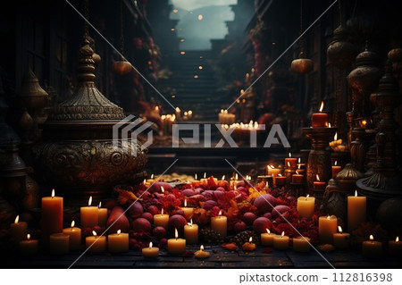 Pattern for Diwali. Bright festive design with candles. 112816398