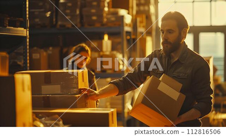 Warehouse worker organizes boxes during busy workday. casual clothing and industrious atmosphere. image perfect for logistics and supply chain themes. AI Warehouse worker organizes boxes during busy workday. casual clothing and industrious atmosphere. image perfect for logistics and supply chain themes. AI 112816506
