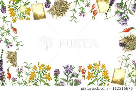 Watercolor illustration. Rectangular frame made of tea, meadow herbs and flowers, oregano, rosehip, tea leaves, tea bag, all hand-painted with watercolors. For printing on fabric, paper, design. Watercolor illustration. Rectangular frame made of tea, meadow herbs and flowers, oregano, rosehip, tea leaves, tea bag, all hand-painted with watercolors. For printing on fabric, paper, design. 112816676