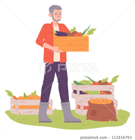 Farmer hold vegetable boxes. Garden harvest season 112816763