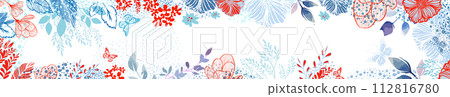Horizontal frame with blue and red flowers. hand drawing. Not AI, Vector illustration 112816780