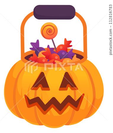 Halloween candy bucket. Cartoon pumpkin treat bag Halloween candy bucket. Cartoon pumpkin treat bag 112816783